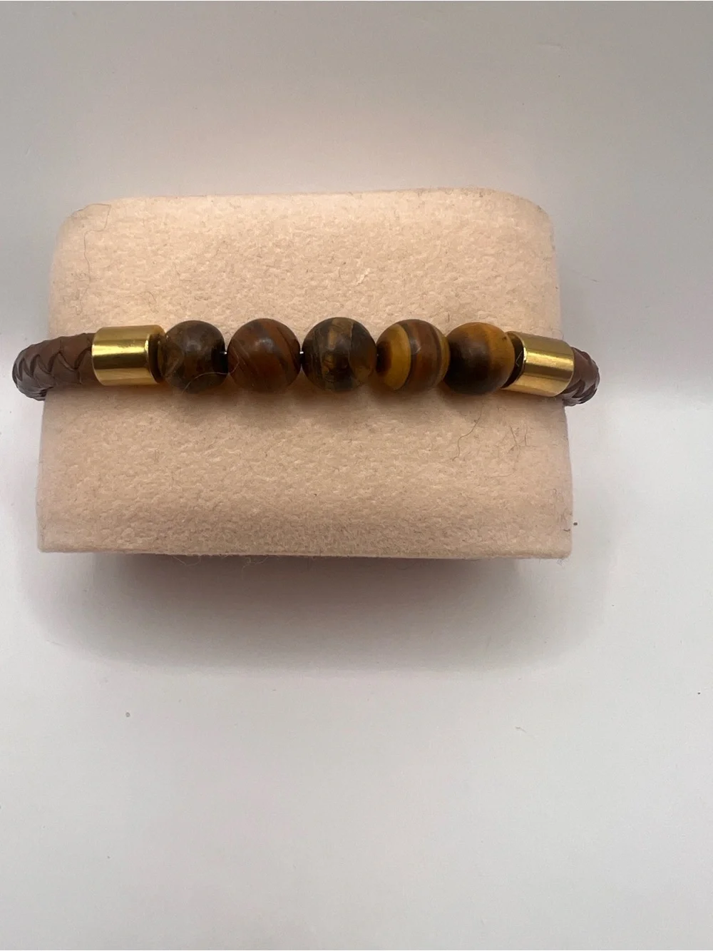 Brown Braided Leather Bracelet with Tiger Eye Beads and Gold Accents